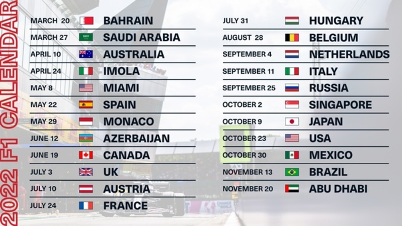 Календарь гонок и расписание этапов Формулы-1 (F1) сезона 2022 года