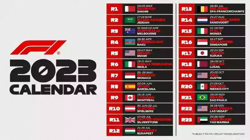 Календарь этапов и расписание гонок Формулы-1 сезон 2023 года.